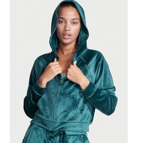 Victoria's Secret Velour Cropped Tracksuit Zip Hoodie Rhinestone Jacket Y2K Fall - Picture 5 of 17
